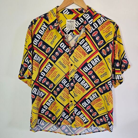 Maryland Old Bay Can Pattern Hawaiian Shirt Short Sleeve Lg - Picture 1 of 5